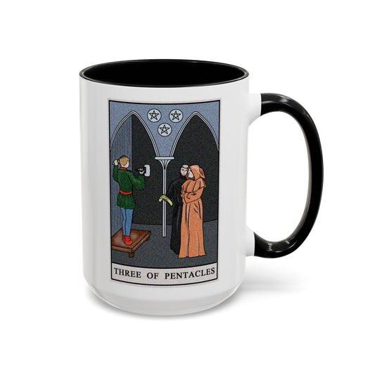 Three of Pentacles Tarot Card Coffee Mug - Double Sided Black Accent White Ceramic 15oz by TheGlassyLass.com