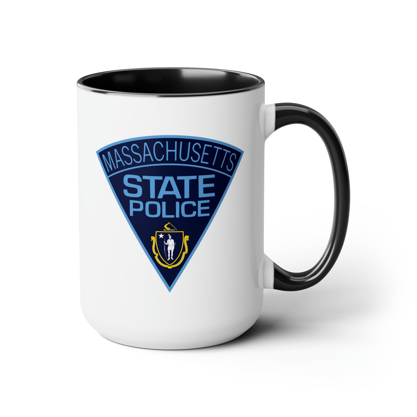 Massachusetts State Police Coffee Mug - Double Sided Black Accent White Ceramic 15oz by TheGlassyLass