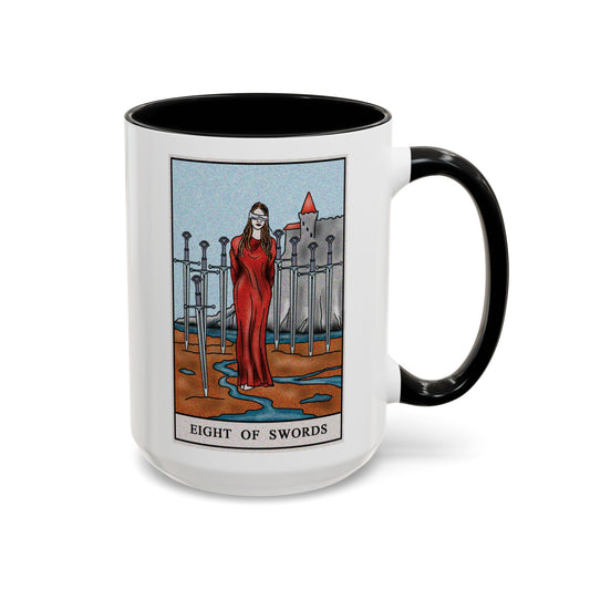 Eight of Swords Tarot Card Coffee Mug - Double Sided Black Accent White Ceramic 15oz by TheGlassyLass.com