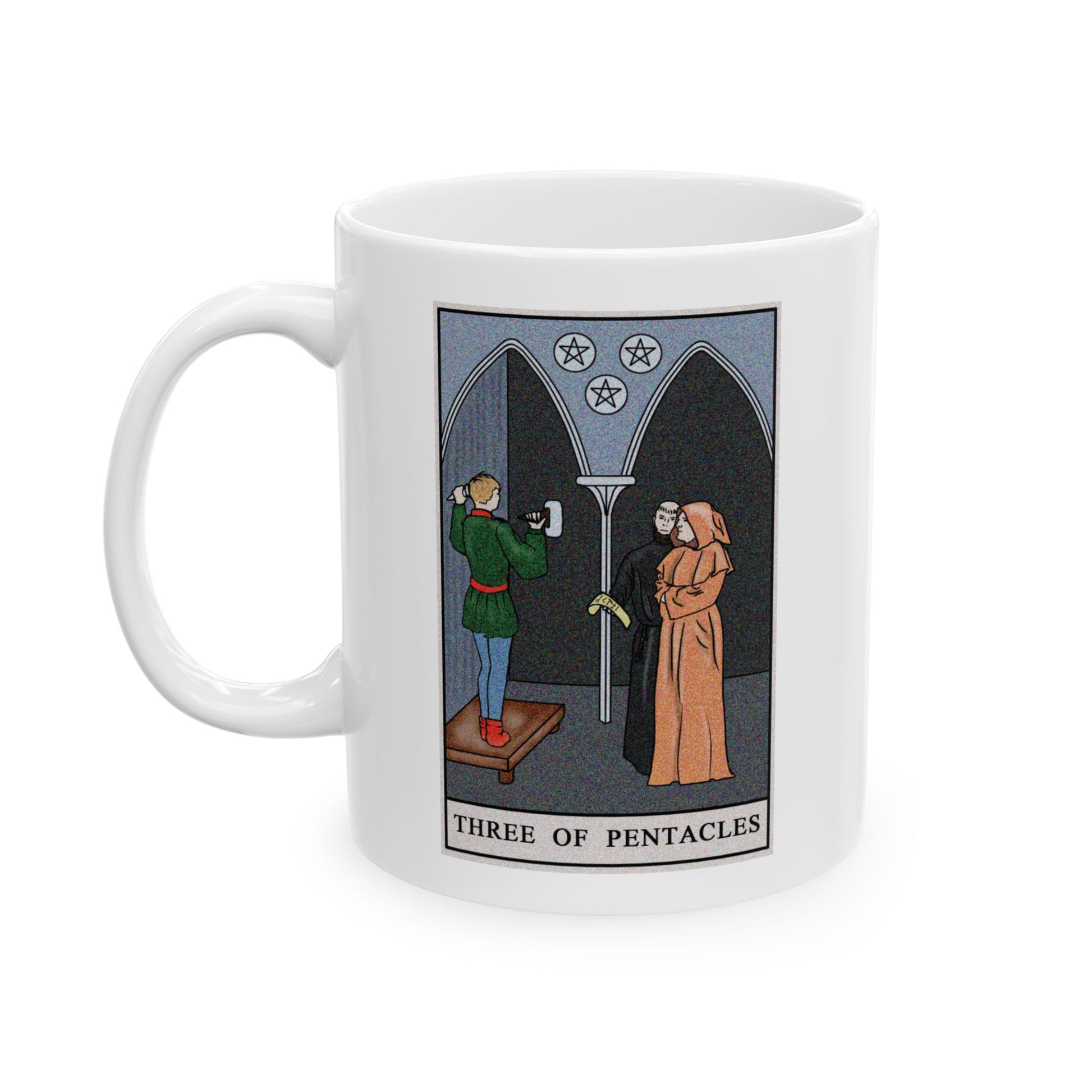 Three of Pentacles Tarot Card Coffee Mug - Double Sided Print, White Ceramic, 11oz by TheGlassyLass.com