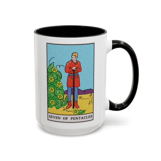 ﻿Seven of Pentacles Tarot Card Coffee Mug - Double Sided Black Accent White Ceramic 15oz by TheGlassyLass