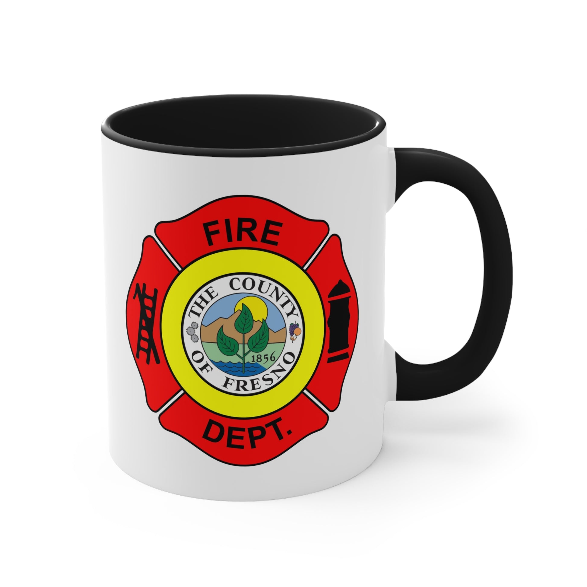 Fresno Fire Department Coffee Mug - Double Sided Black Accent White Ceramic 11oz by TheGlassyLass.com