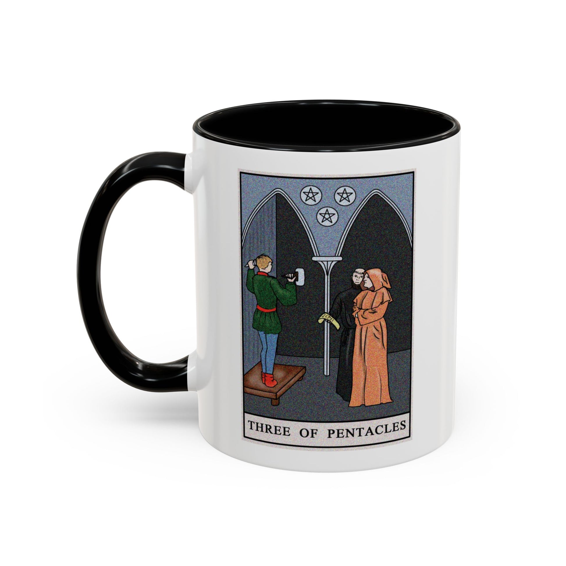 Three of Pentacles Tarot Card Coffee Mug - Double Sided Print, Black Accent White Ceramic, 11oz by TheGlassyLass.com