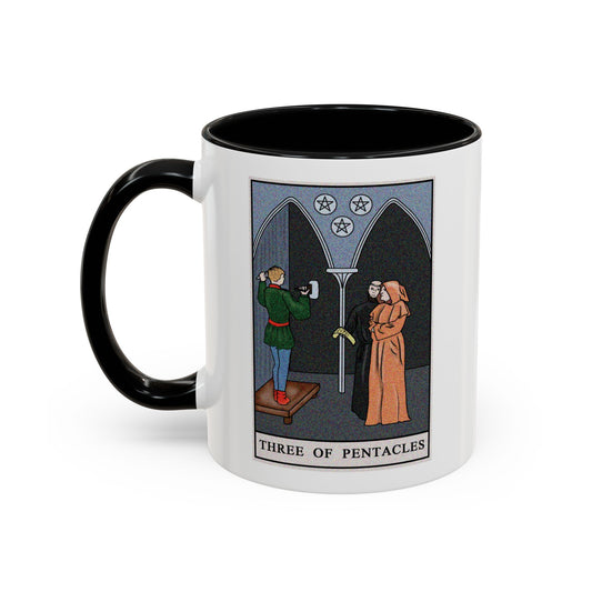 Three of Pentacles Tarot Card Coffee Mug - Double Sided Print, Black Accent White Ceramic, 11oz by TheGlassyLass.com