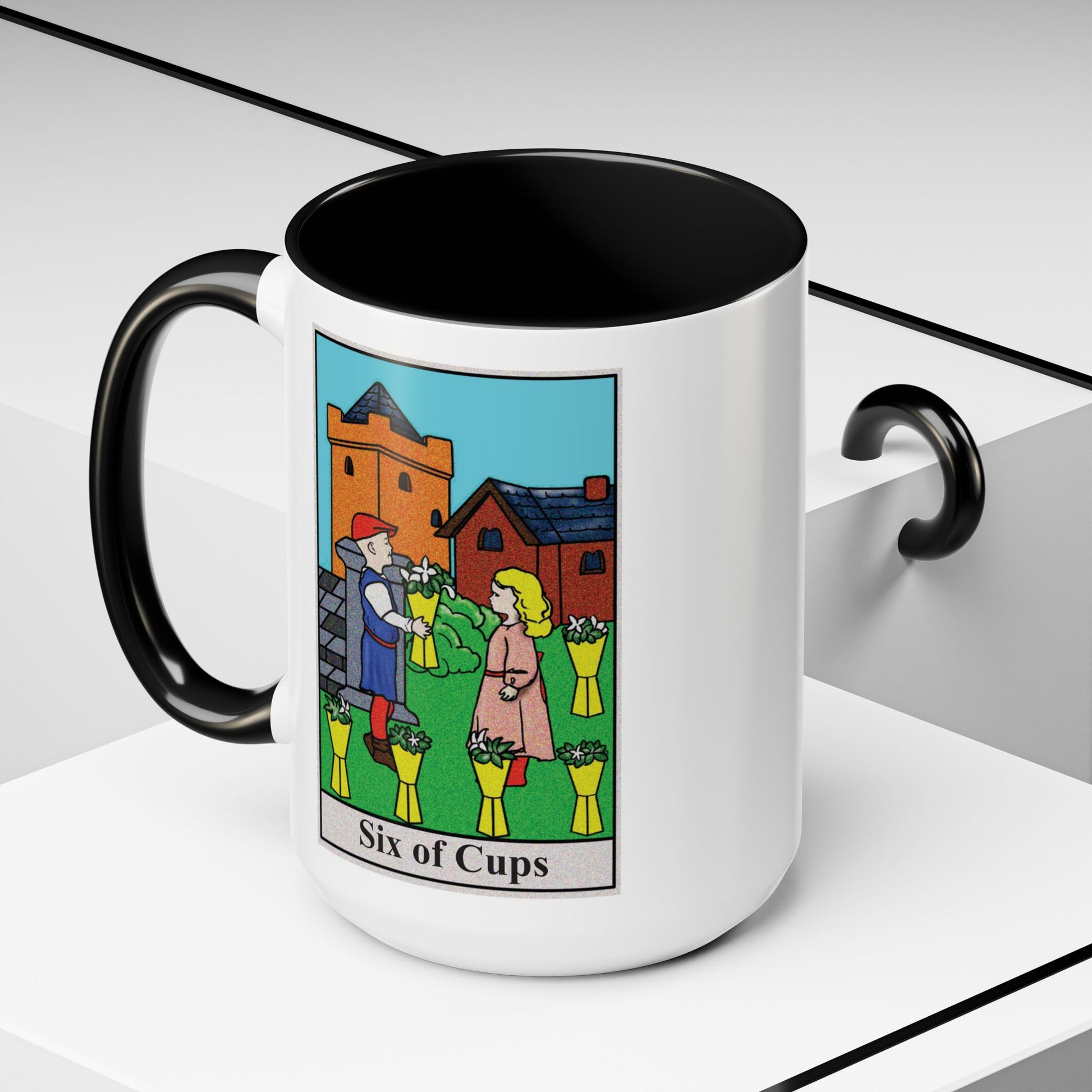 Six of Cups Tarot Card Coffee Mug - Double Sided Black Accent White Ceramic 15oz by TheGlassyLass.com