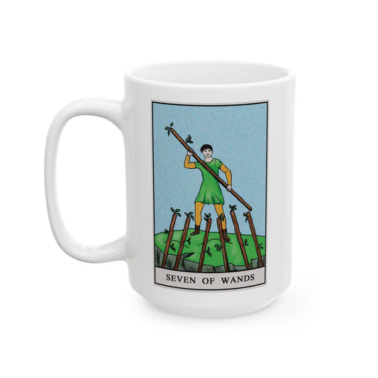 Seven of Wands Tarot Card Coffee Mug - Double Sided White Ceramic 15oz by TheGlassyLass.com