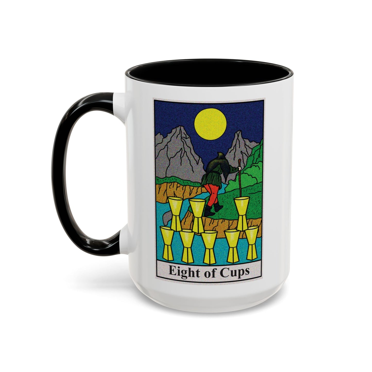 Eight of Cups Tarot Card Coffee Mug - Double Sided Black Accent White Ceramic 15oz by TheGlassyLass.com