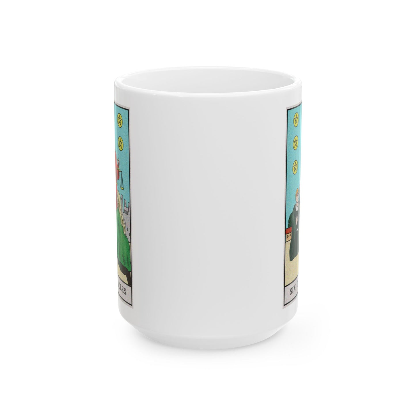 Six of Pentacles Tarot Card Coffee Mug - Double Sided White Ceramic 15oz by TheGlassyLass.com