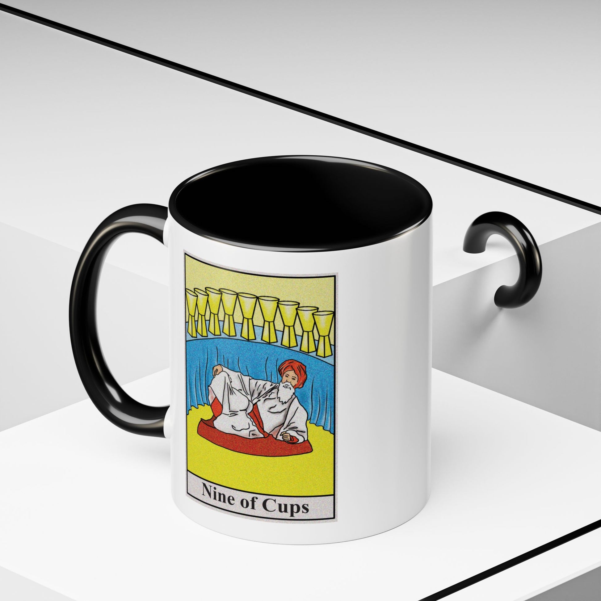 Nine of Cups Tarot Card Coffee Mug - Double Sided Print, Black Accent White Ceramic, 11oz by TheGlassyLass.com