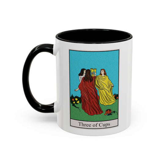 Three of Cups Tarot Card Coffee Mug - Double Sided Print, Black Accent White Ceramic, 11oz by TheGlassyLass