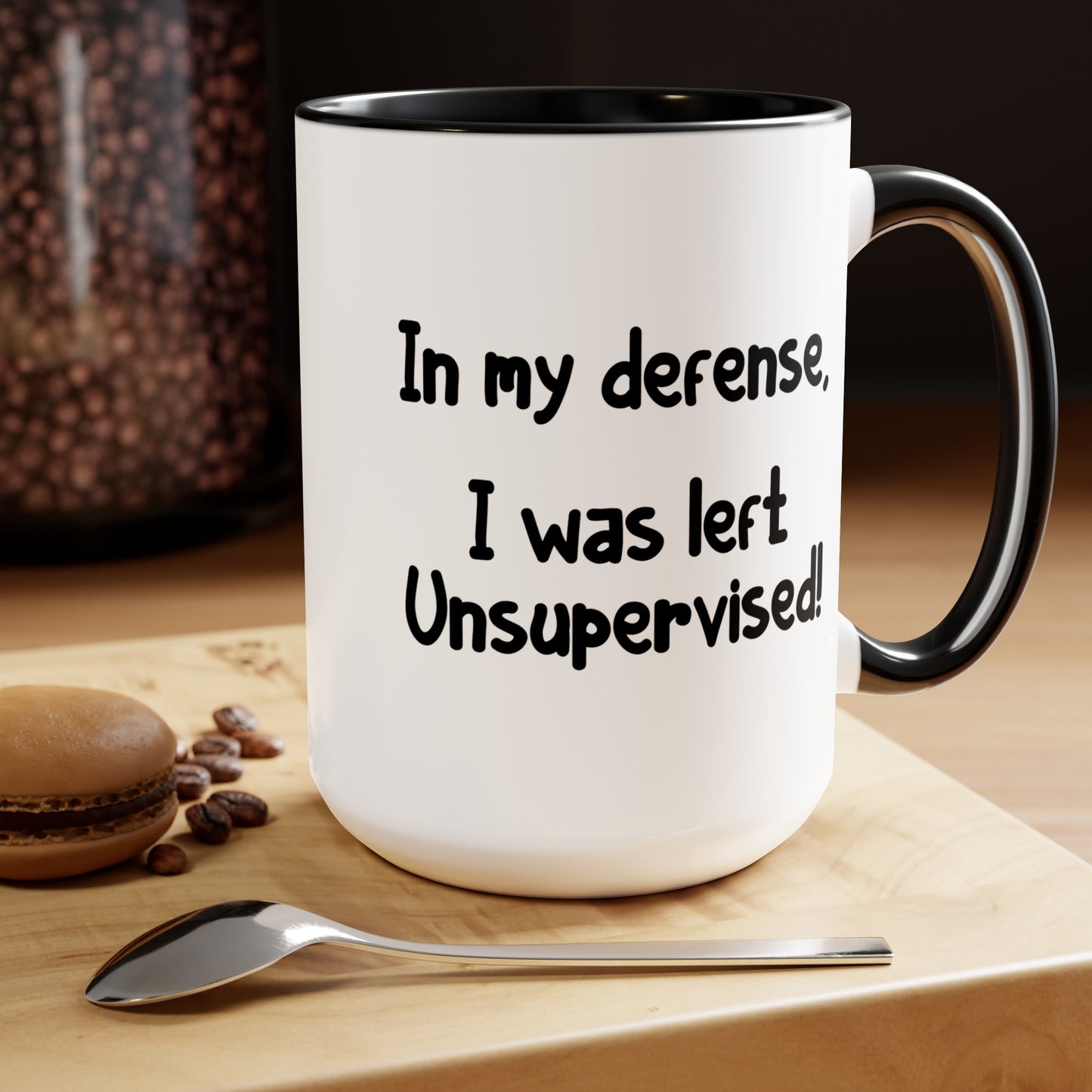 In My Defense - Double Sided Black Accent White Ceramic Coffee Mug 15oz by TheGlassyLass.com