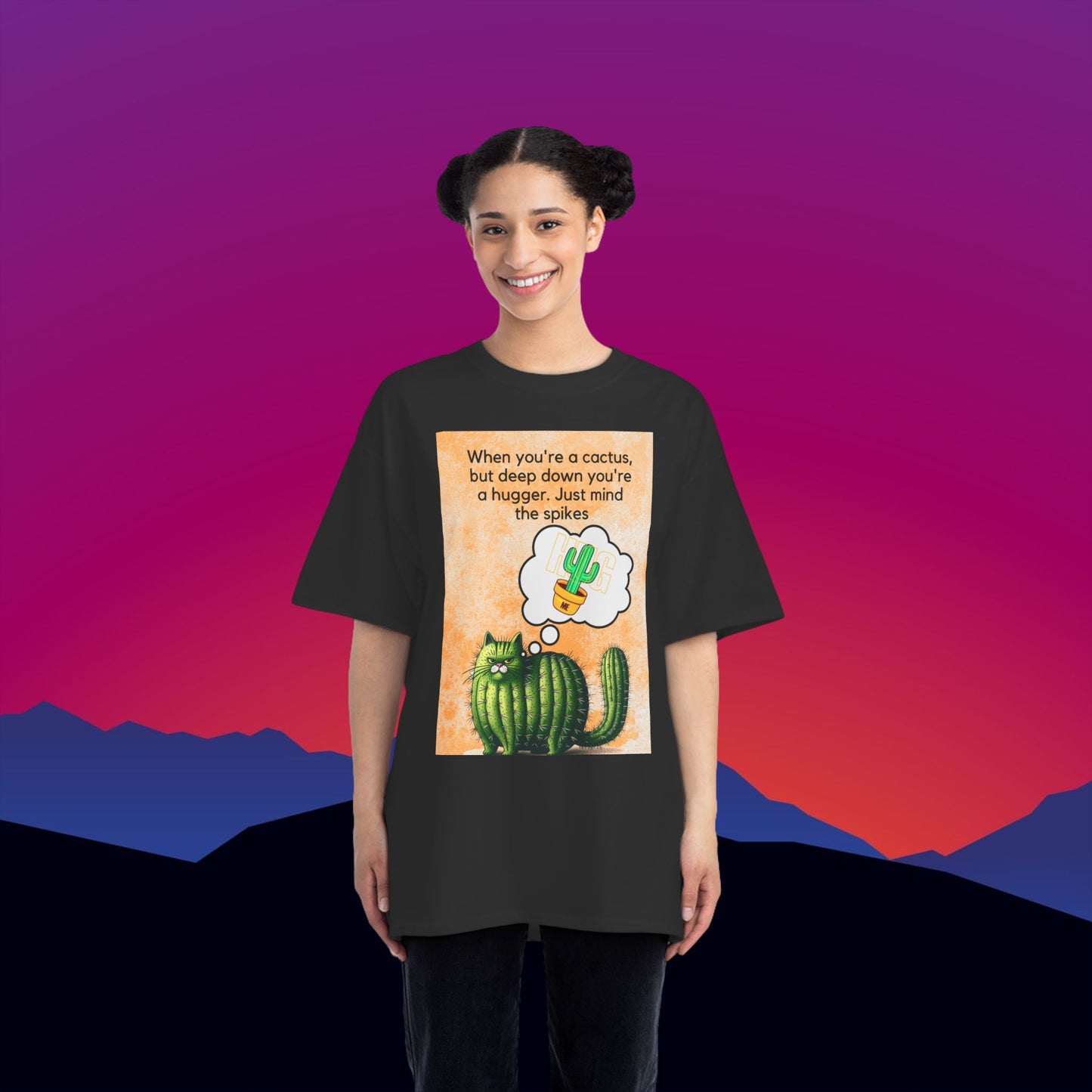 Cactus Hug Cat T-Shirt: (Hanes Beefy-T 100% Preshrunk Cotton Custom Printed by TheGlassyLass.com