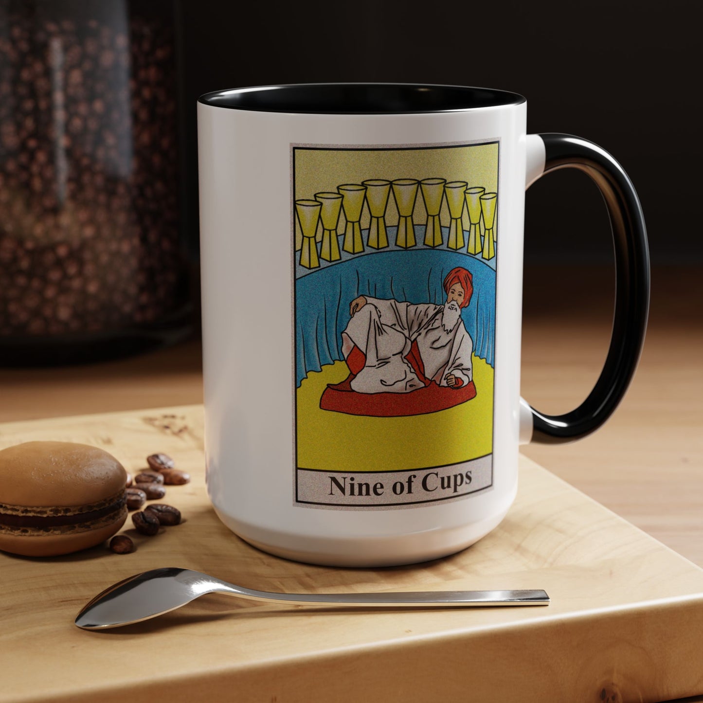 Nine of Cups Tarot Card Coffee Mug - Double Sided Black Accent White Ceramic 15oz by TheGlassyLass.com