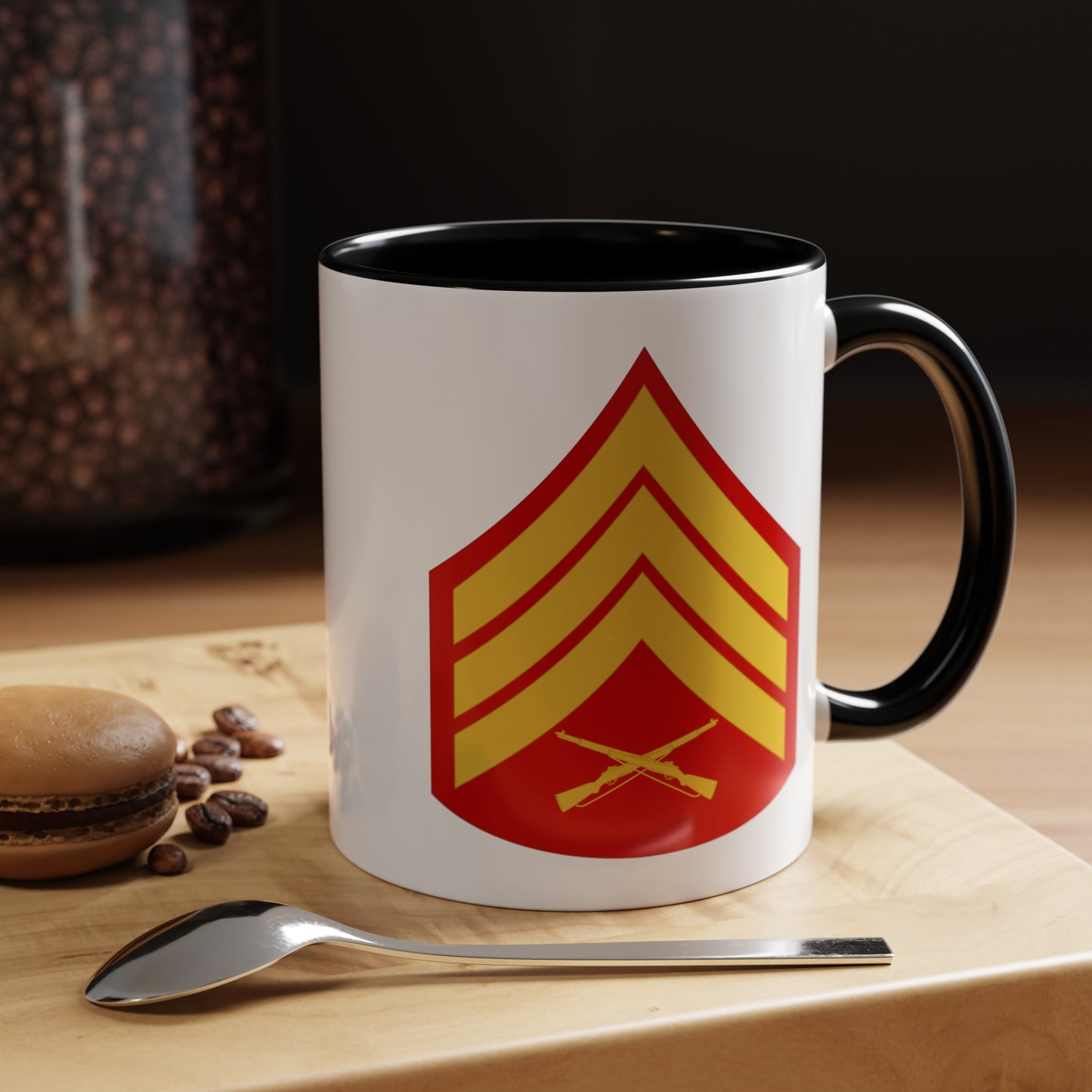 United States Marine Corps Sergeant (E-5) Chevron Coffee Mug - Double Sided Black Accent White Ceramic 11oz - by TheGlassyLass.com