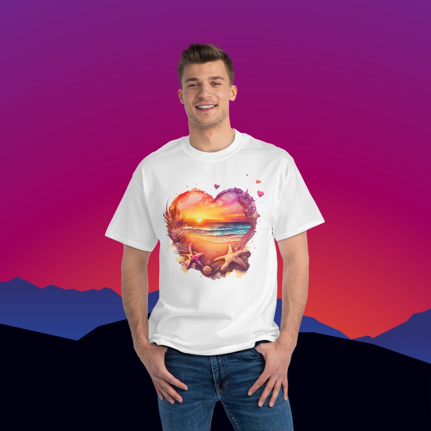 Beach Heart Travel T-Shirt: (Hanes Beefy-T 100% Preshrunk Cotton) Custom Printed by TheGlassyLass.com