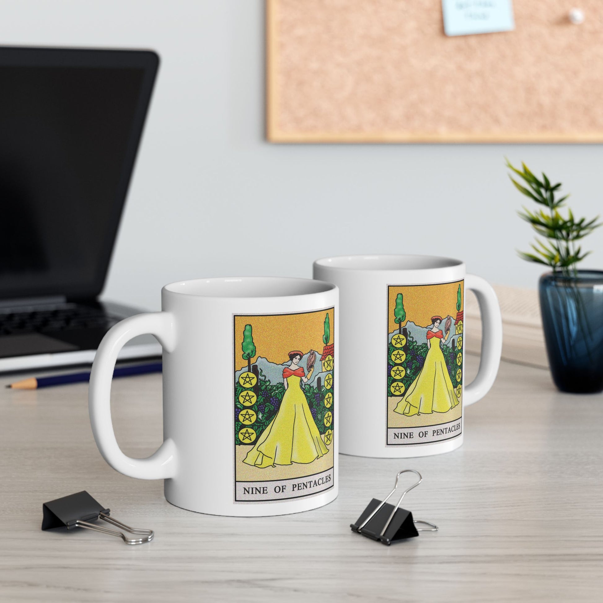 Nine of Pentacles Tarot Card Coffee Mug - Double Sided Print, White Ceramic, 11oz by TheGlassyLass.com