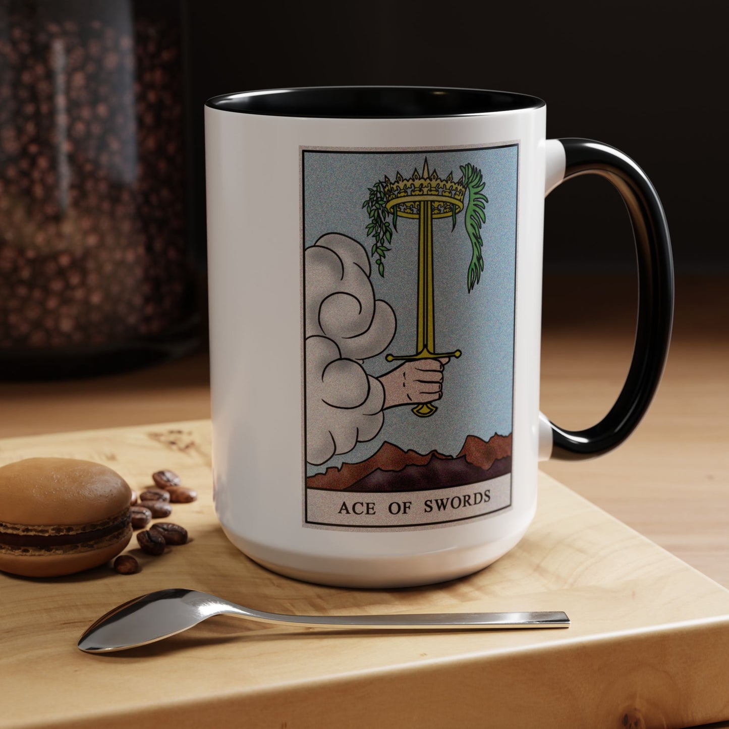Ace of Swords Tarot Card Coffee Mug - Double Sided Black Accent White Ceramic 15oz by TheGlassyLass.com