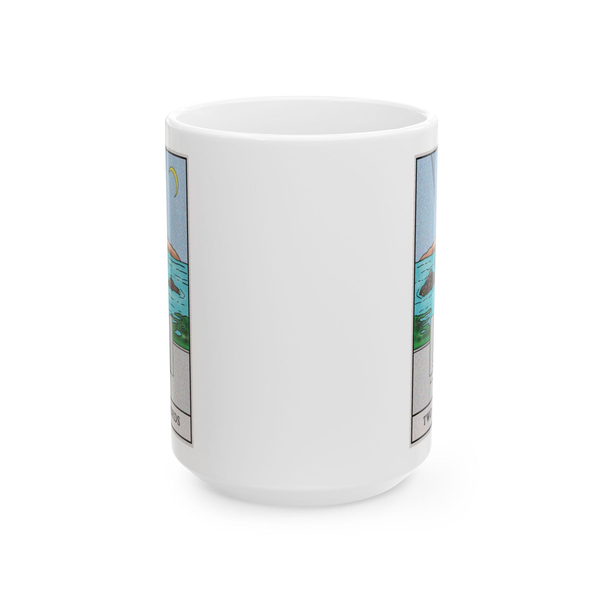 Two of Swords Tarot Card Coffee Mug - Double Sided White Ceramic 15oz by TheGlassyLass.com