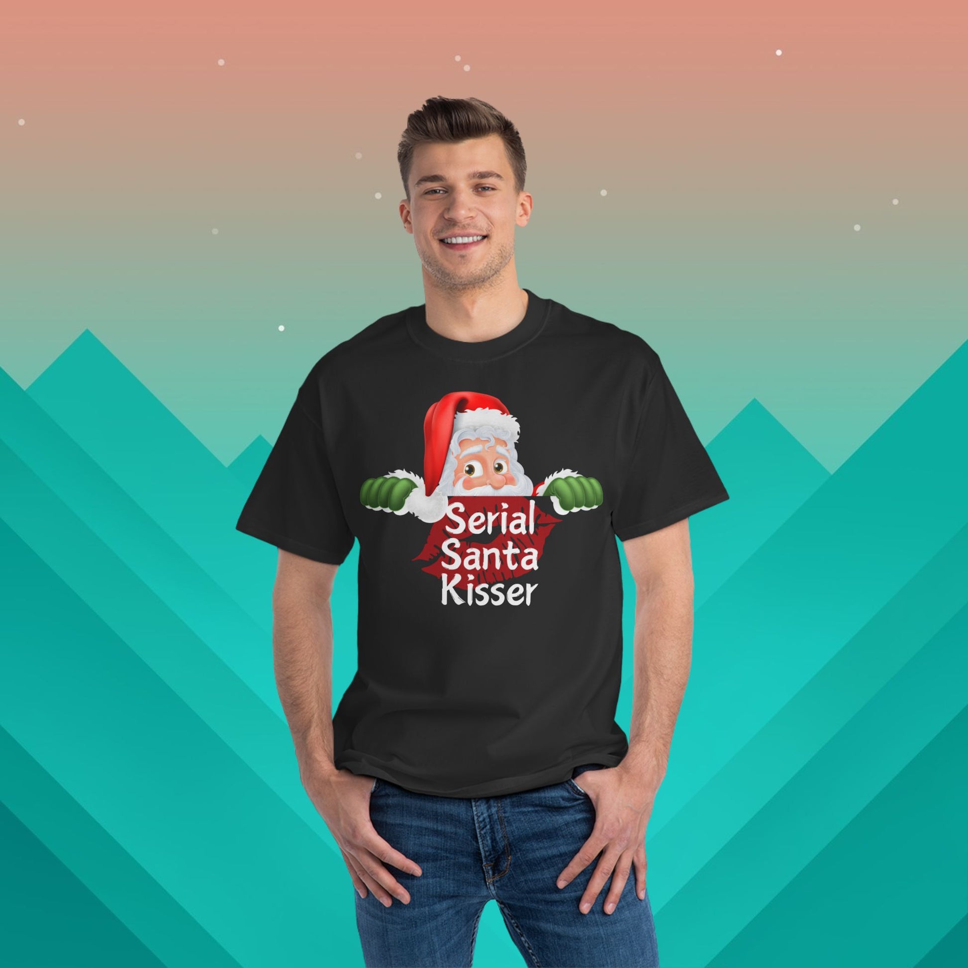 Serial Santa Kisser T-Shirt: (Hanes Beefy-T 100% Preshrunk Cotton Custom Printed by TheGlassyLass.com