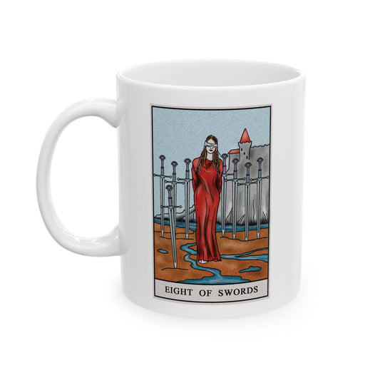 Eight of Swords Tarot Card Coffee Mug - Double Sided Print, White Ceramic, 11oz by TheGlassyLass.com