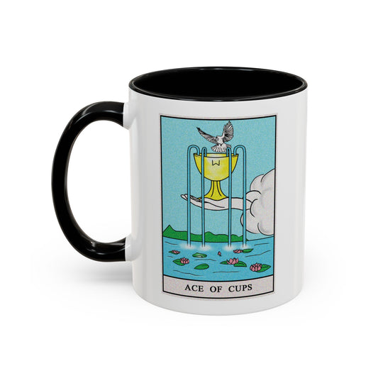 Ace of Cups Tarot Card Coffee Mug - Double Sided Print, Black Accent White Ceramic, 11oz by TheGlassyLass