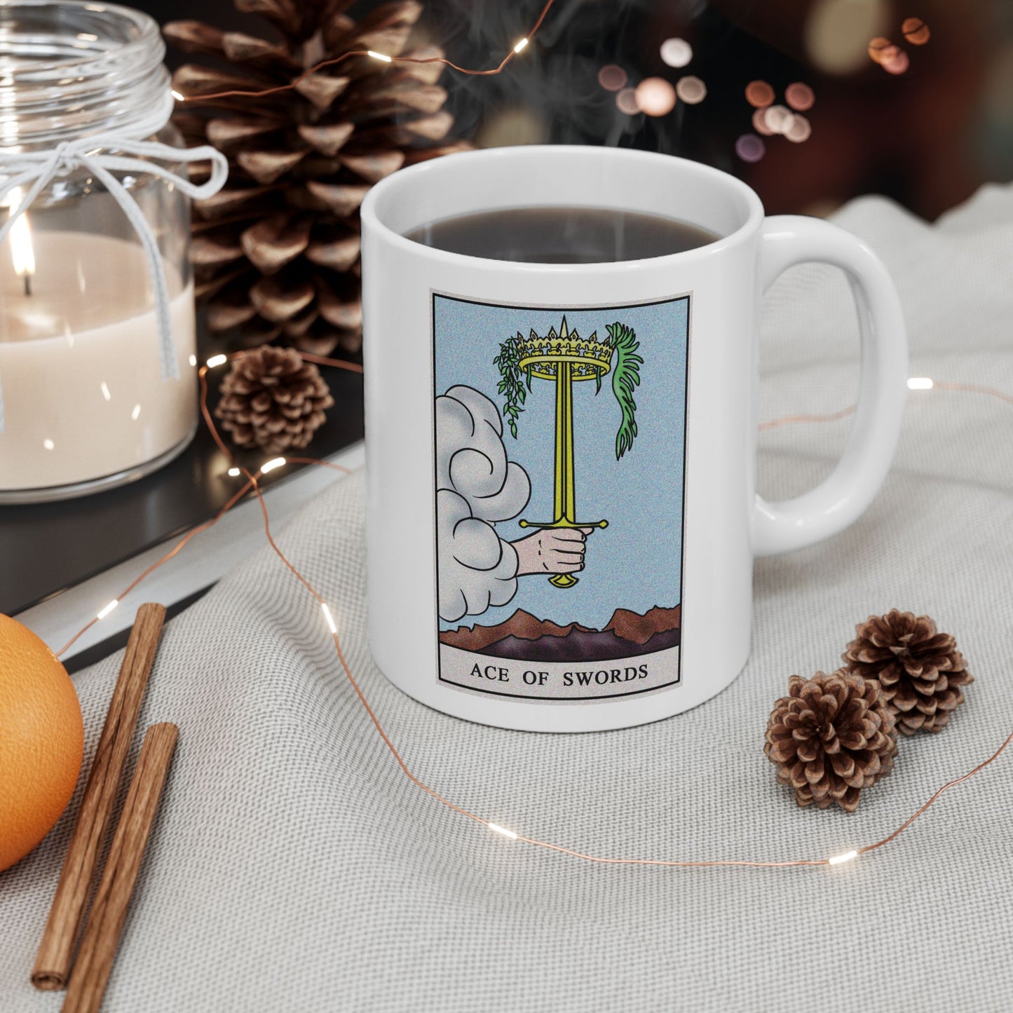 Ace of Swords Tarot Card Coffee Mug - Double Sided Print, White Ceramic, 11oz by TheGlassyLass.com