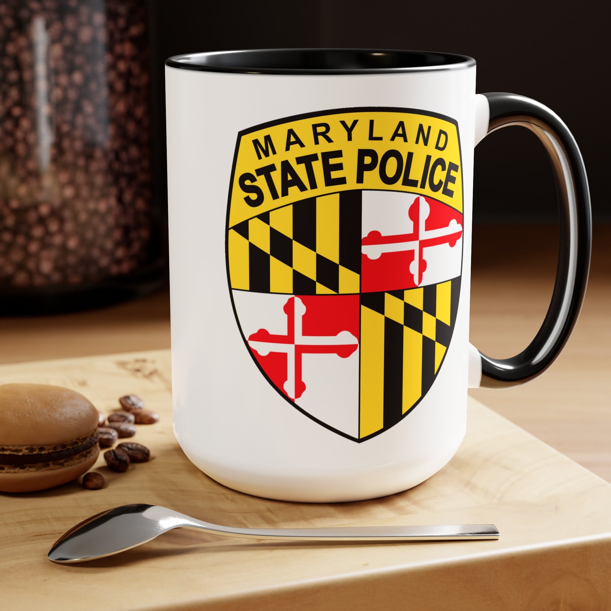 Maryland State Police Coffee Mug - Double Sided Black Accent White Ceramic 15oz by TheGlassyLass.com