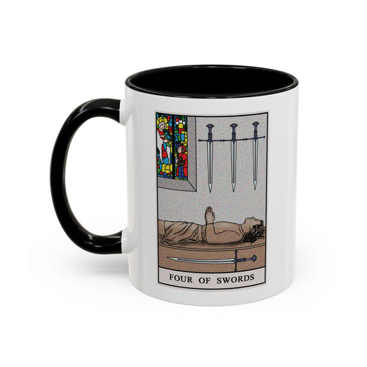 Four of Swords Tarot Card Coffee Mug - Double Sided Print, Black Accent White Ceramic, 11oz by TheGlassyLass.com