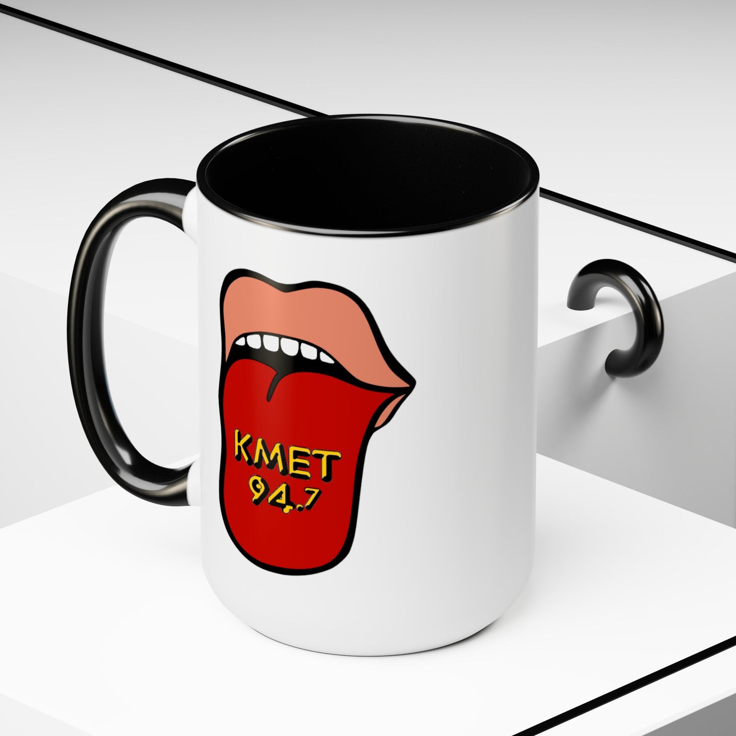 KMET Coffee Mug - Double Sided Black Accent White Ceramic 15oz by TheGlassyLass.com