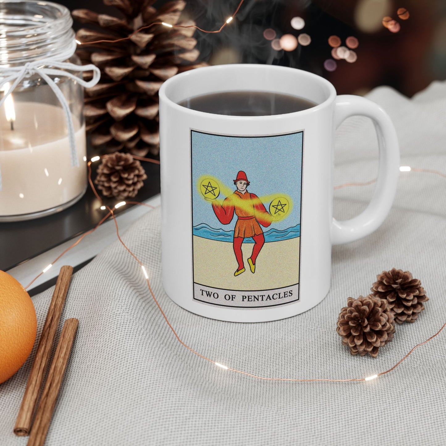 Two of Pentacles Tarot Card Coffee Mug - Double Sided Print, White Ceramic, 11oz by TheGlassyLass.com