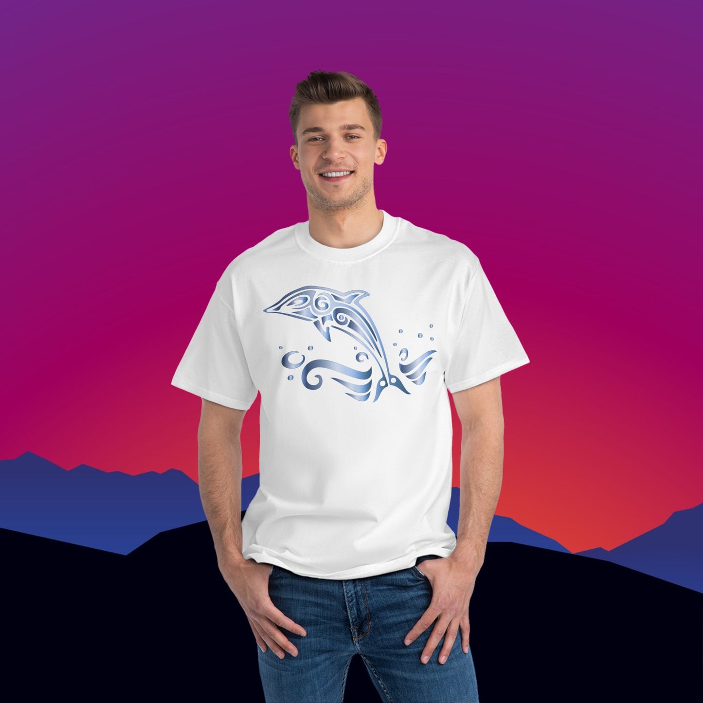 Dolphin T-Shirt: (Hanes Beefy-T 100% Preshrunk Cotton Custom Printed by TheGlassyLass.com