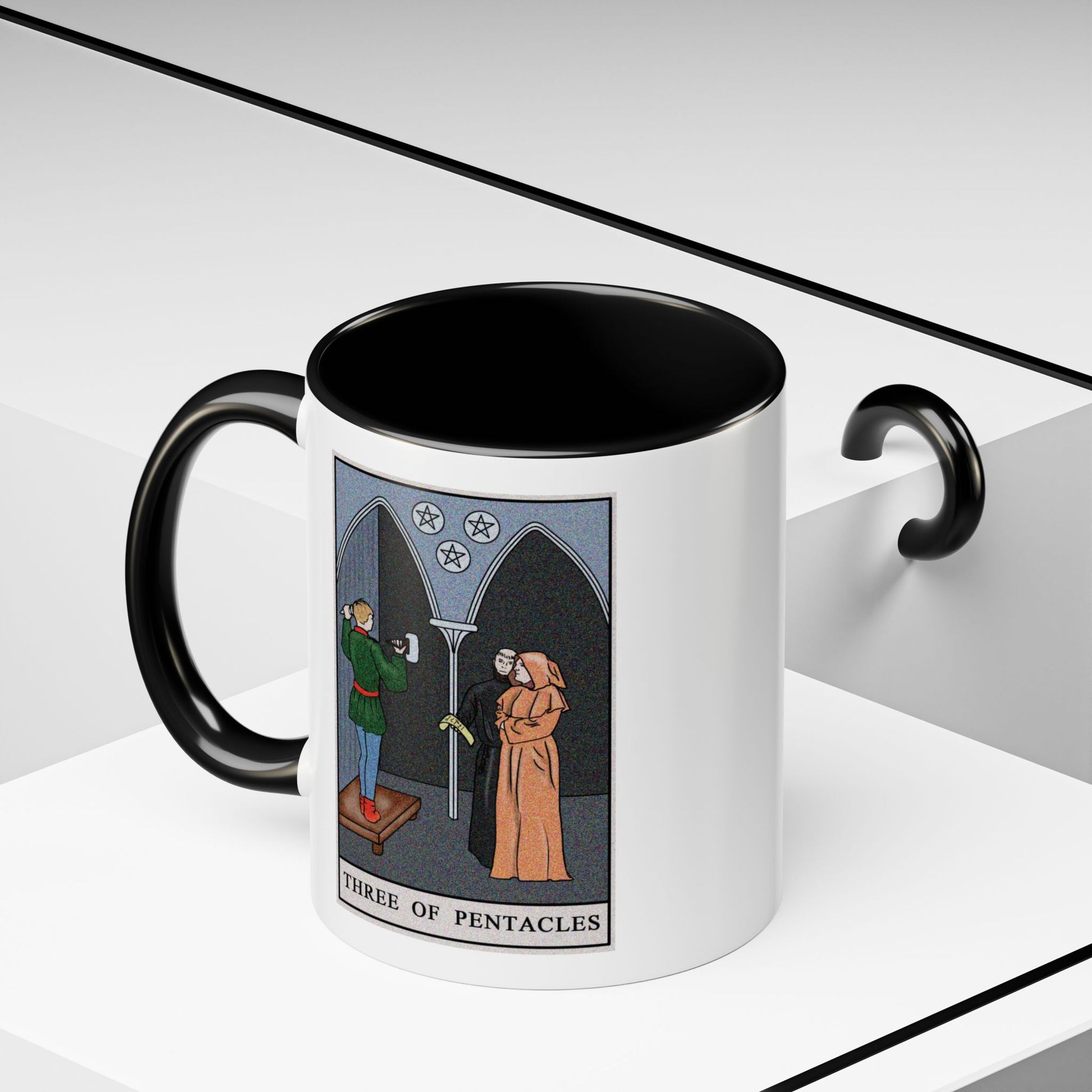 Three of Pentacles Tarot Card Coffee Mug - Double Sided Print, Black Accent White Ceramic, 11oz by TheGlassyLass.com