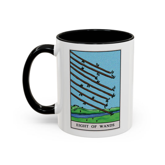 Eight of Wands Tarot Card Coffee Mug - Double Sided Print, Black Accent White Ceramic, 11oz by TheGlassyLass.com