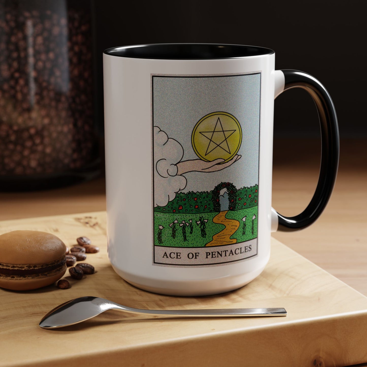 Ace of Pentacles Tarot Card Coffee Mug - Double Sided Black Accent White Ceramic 15oz by TheGlassyLass.com