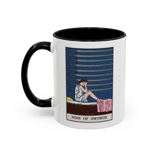 Nine of Swords Tarot Card Coffee Mug - Double Sided Print, Black Accent White Ceramic, 11oz by TheGlassyLass.com