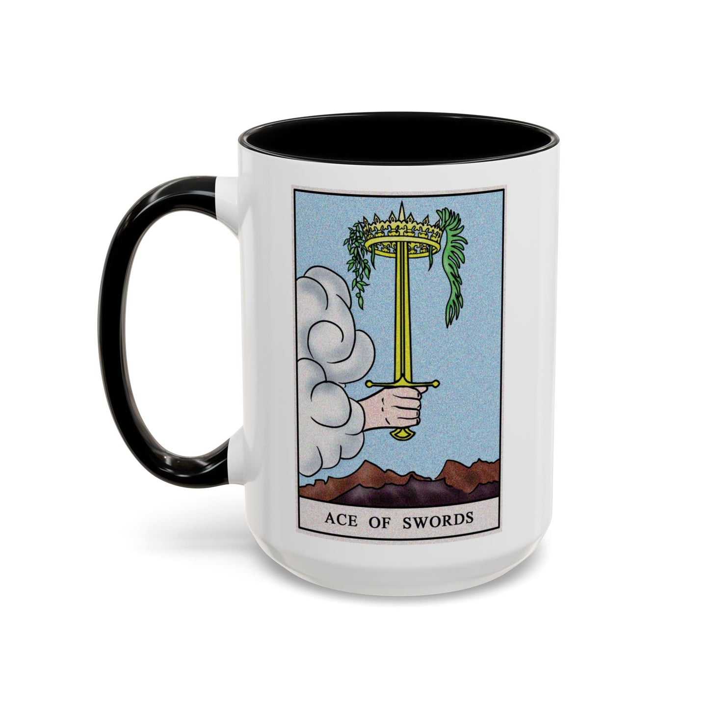 Ace of Swords Tarot Card Coffee Mug - Double Sided Black Accent White Ceramic 15oz by TheGlassyLass.com