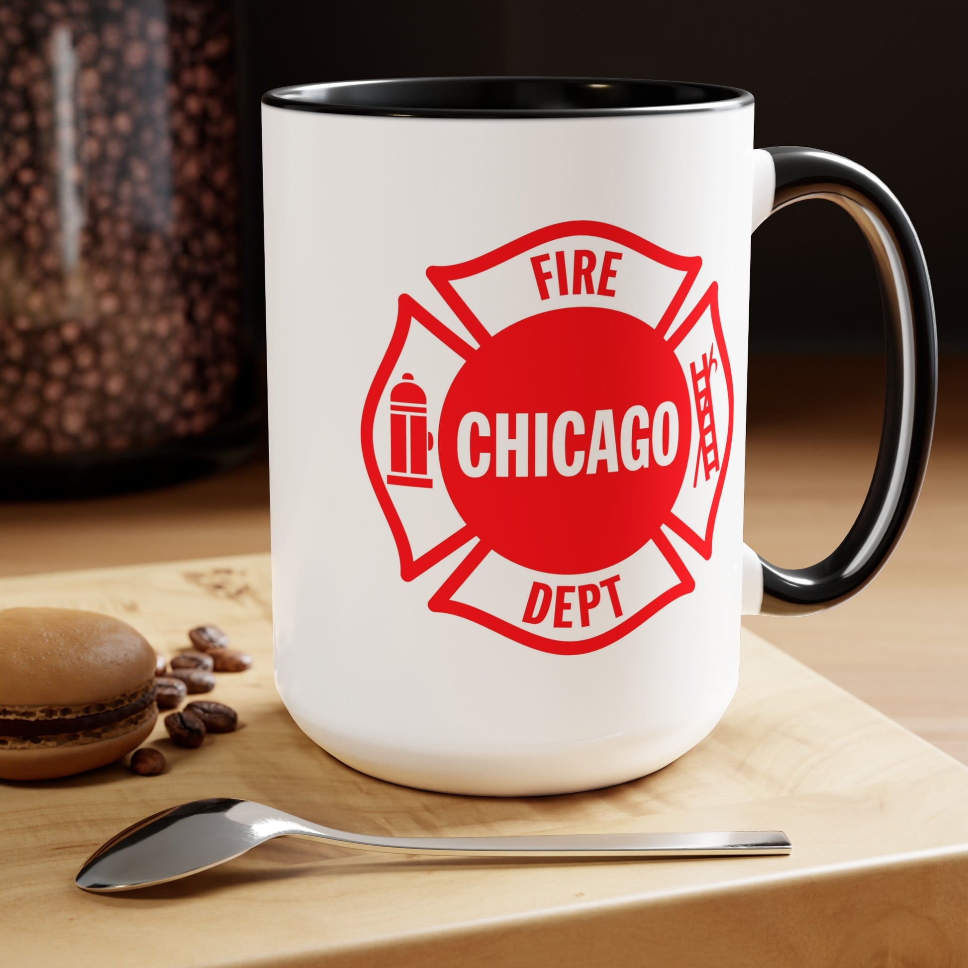 Chicago Fire Department Coffee Mug - Double Sided Print Black Accent Two Tone White Ceramic 15oz by TheGlassyLass.com