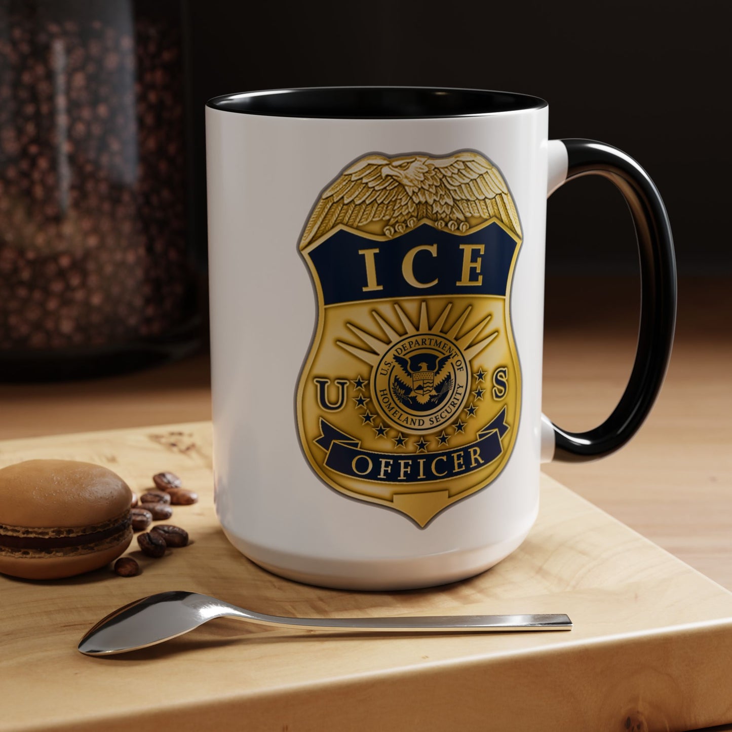 ICE Immigration and Customs Enforcement Badge Coffee Mug - Double Sided Black Accent White Ceramic 15oz by TheGlassyLass.com