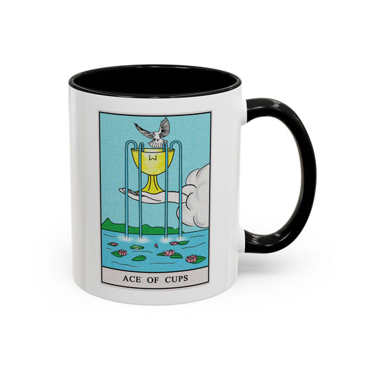 Ace of Cups Tarot Card Coffee Mug - Double Sided Print, Black Accent White Ceramic, 11oz by TheGlassyLass