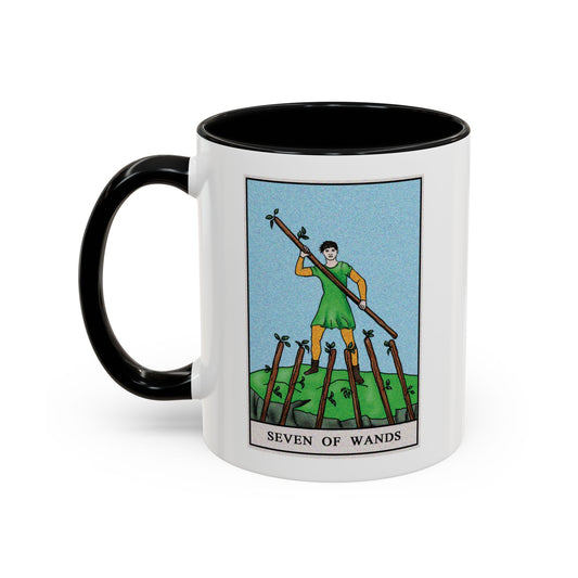 Seven of Wands Tarot Card Coffee Mug - Double Sided Print, Black Accent White Ceramic, 11oz by TheGlassyLass.com