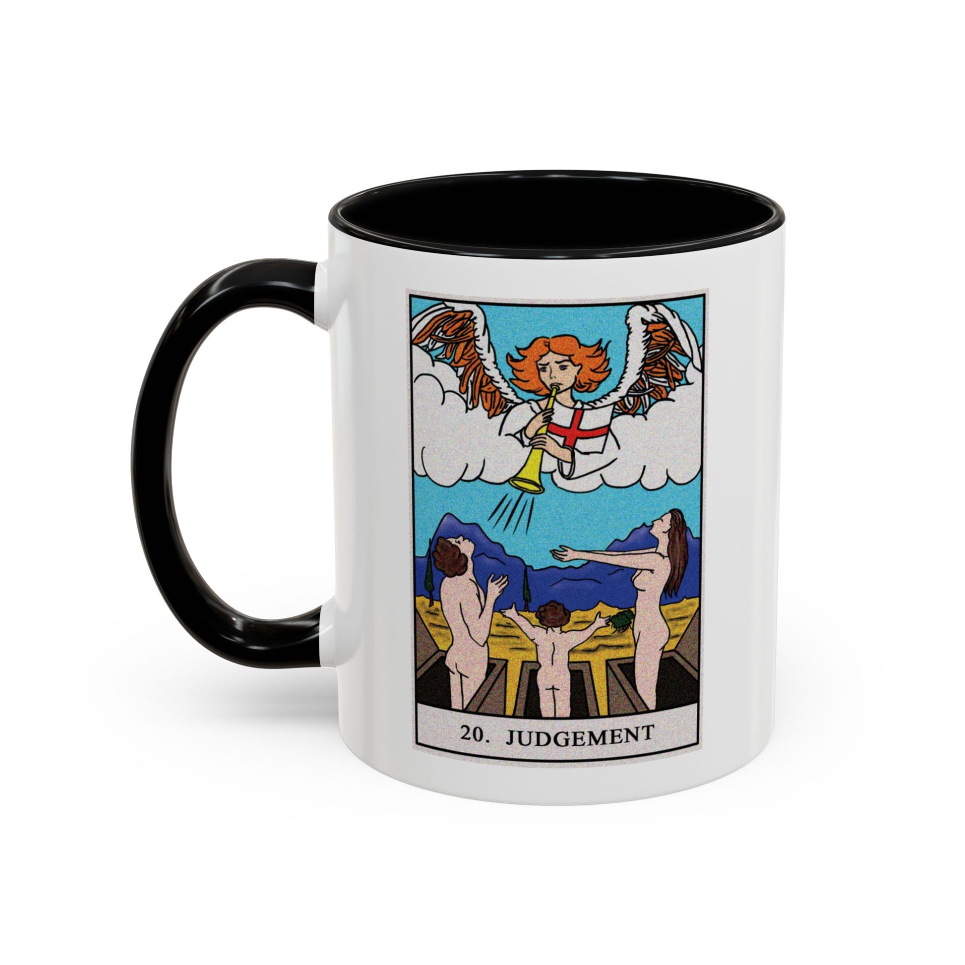 The Judgement Tarot Card Coffee Mug - Double Sided Print, Black Accent White Ceramic, 11oz by TheGlassyLass.com