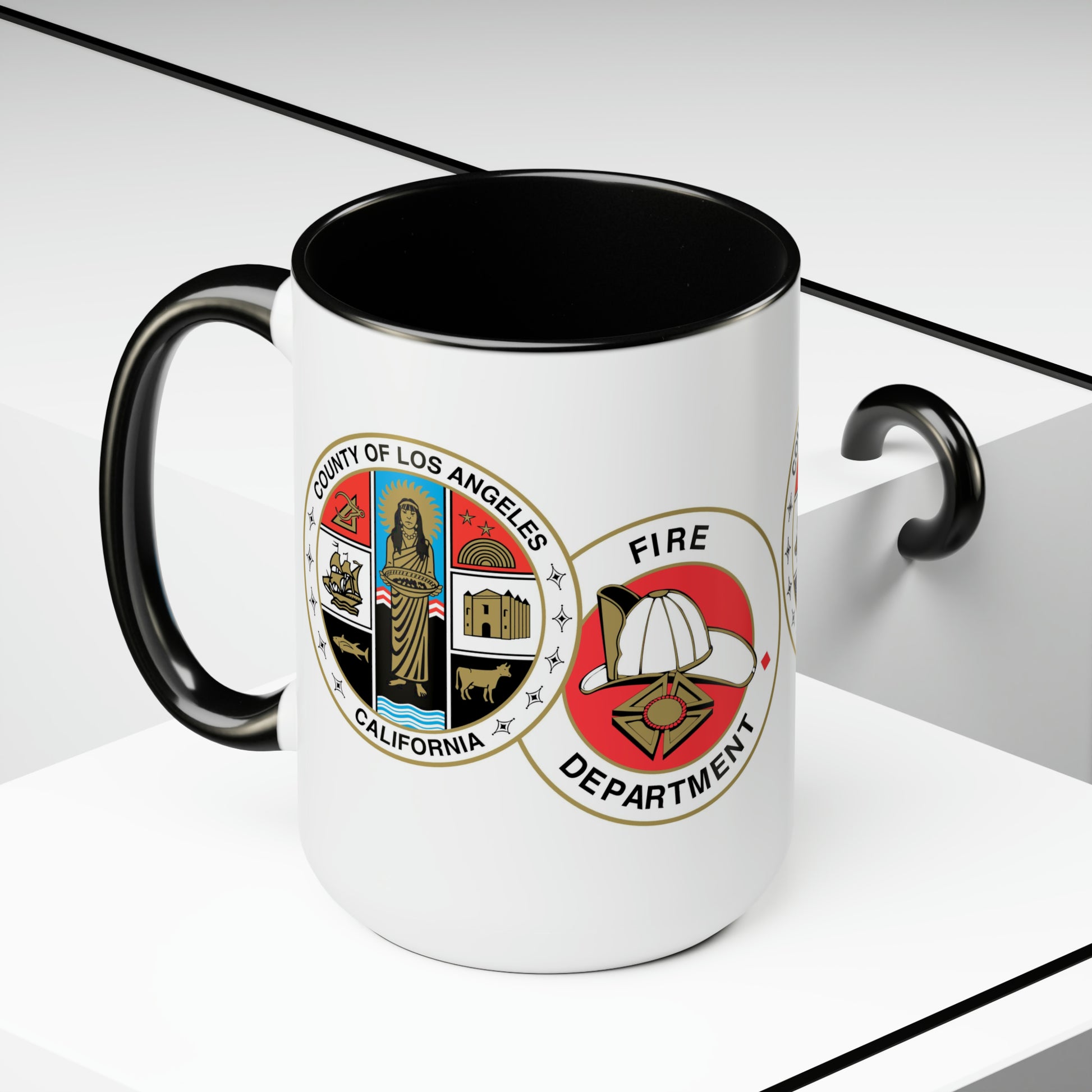 LA County Fire Department Coffee Mug - Double Sided Print Black Accent Two-Tone White Ceramic 15oz by TheGlassyLass.com