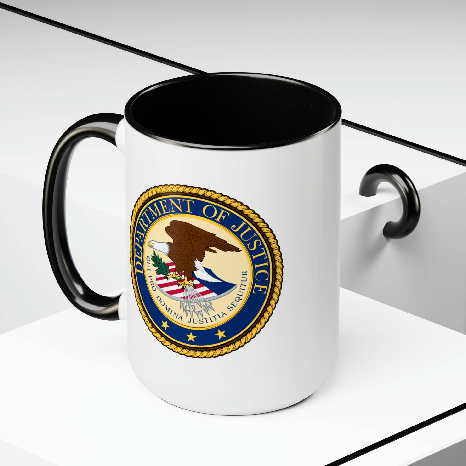 Department of Justice Coffee Mug - Double Sided Black Accent White Ceramic 15oz by TheGlassyLass