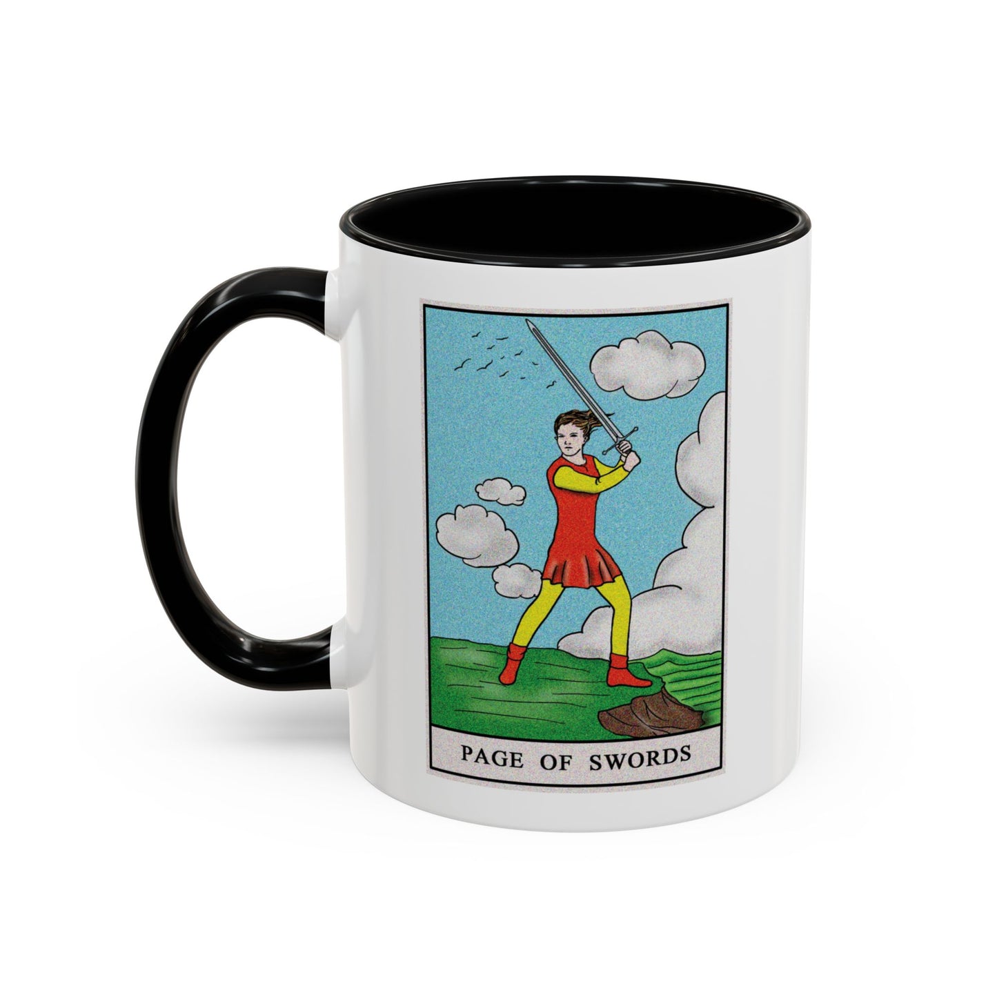 Page of Swords Tarot Card Coffee Mug - Double Sided Print, Black Accent White Ceramic, 11oz by TheGlassyLass.com