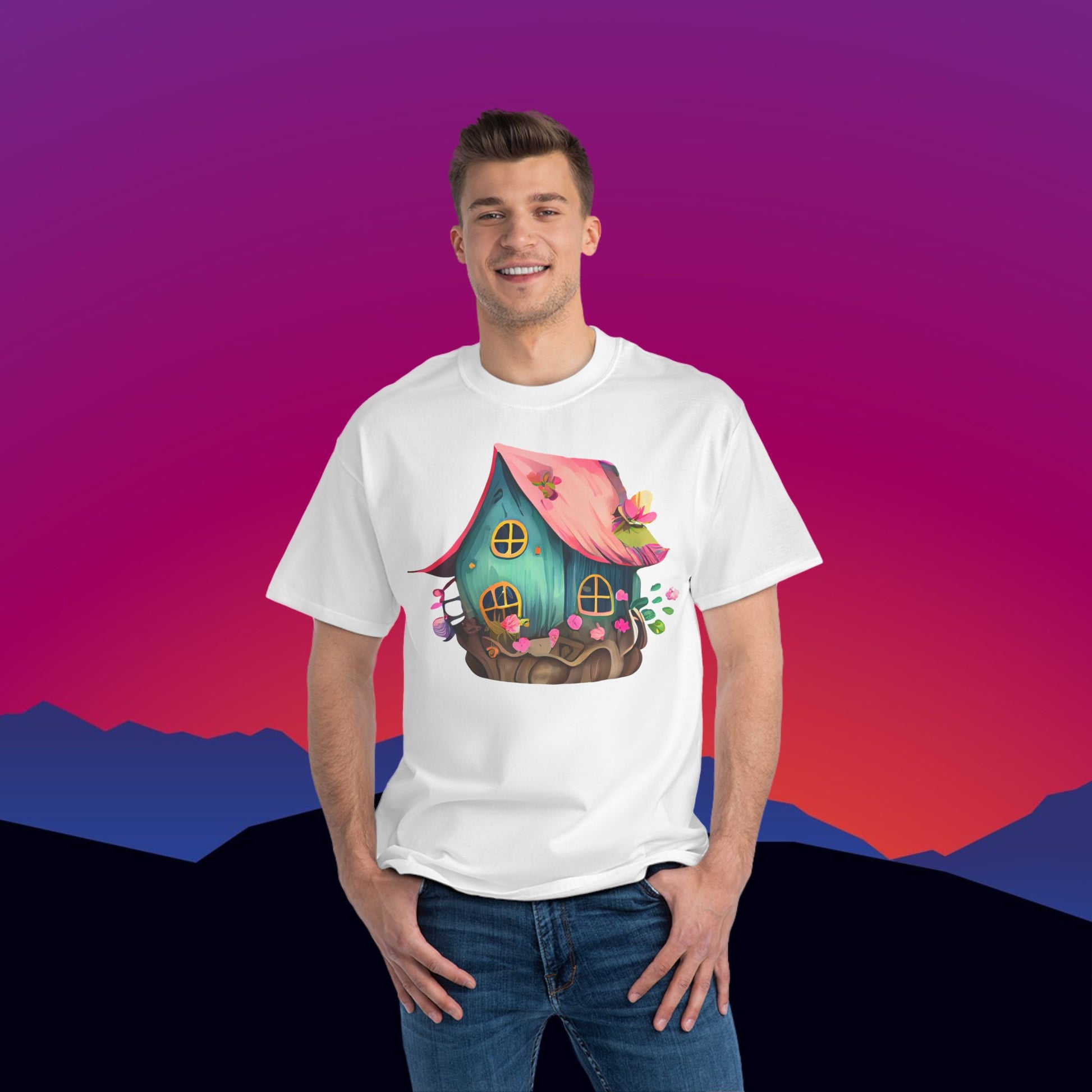 Fairy House T-Shirt: (Hanes Beefy-T 100% Preshrunk Cotton Custom Printed by TheGlassyLass.com