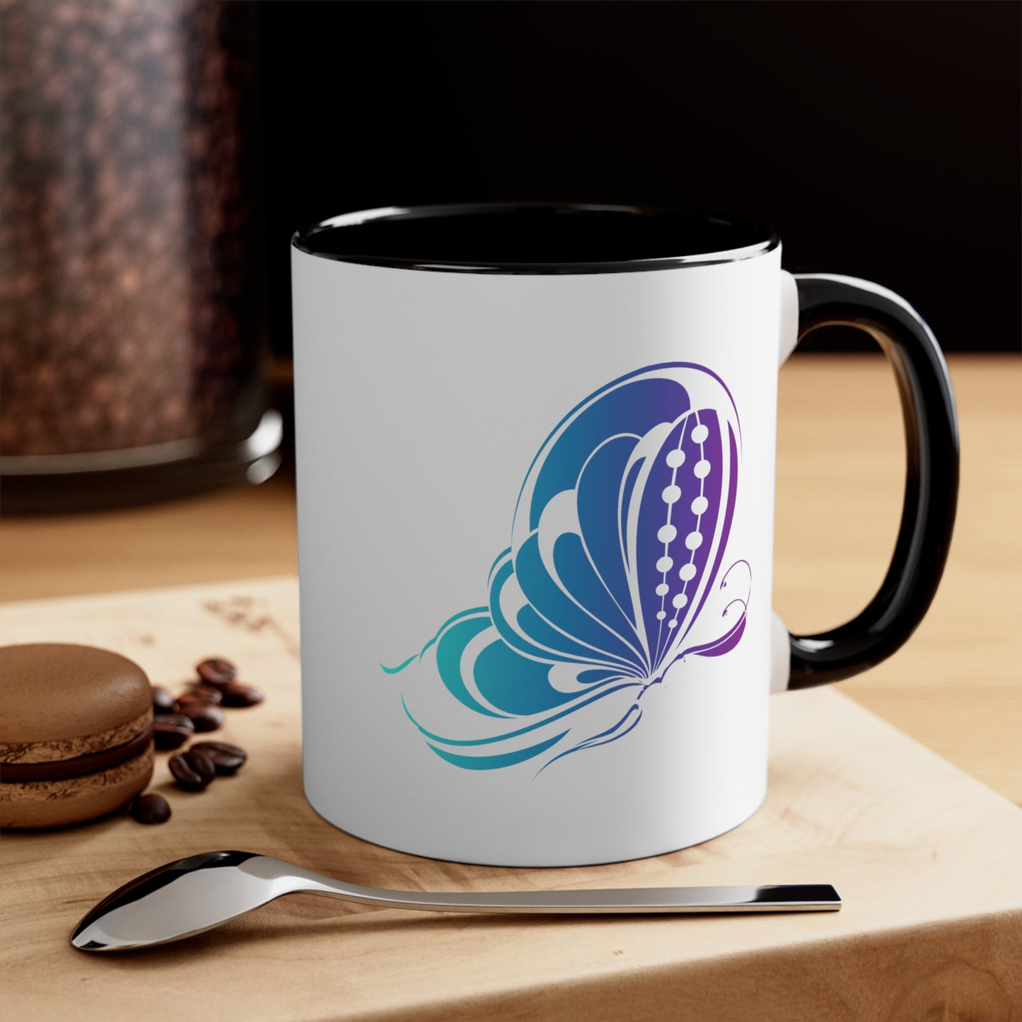 Butterfly Coffee Mug - Double Sided Black Accent White Ceramic 11oz by TheGlassyLass.com