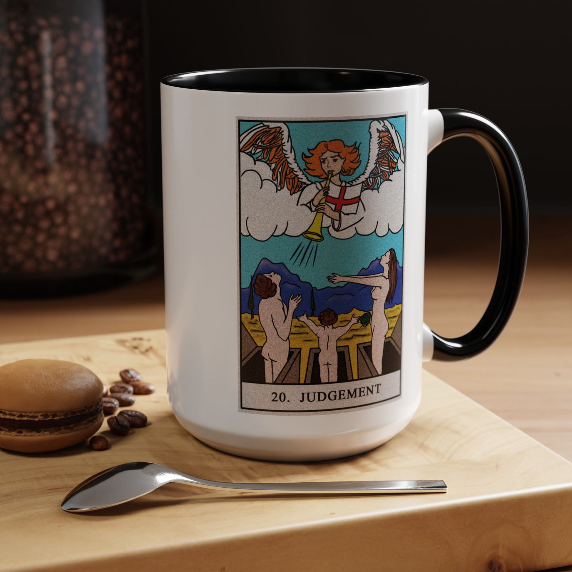 The Judgement Tarot Card Coffee Mug - Double Sided Black Accent White Ceramic 15oz by TheGlassyLass.com