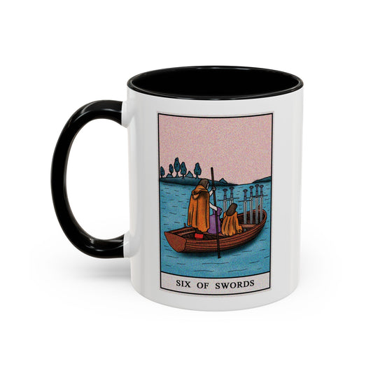 Seven of Swords Tarot Card Coffee Mug - Double Sided Print, Black Accent White Ceramic, 11oz by TheGlassyLass.com
