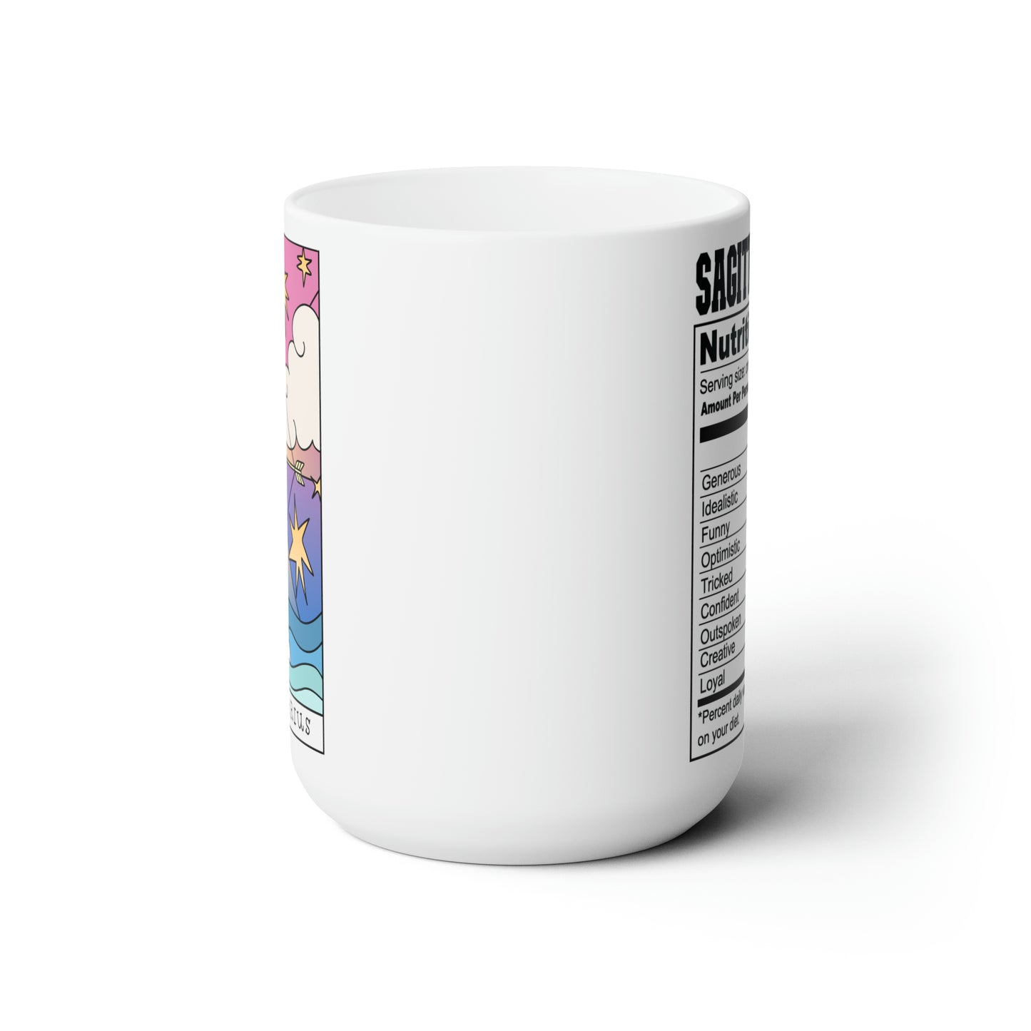 This listing is for a Premium Quality 15oz White Ceramic coffee / tea mug with a double sided Sagittarius Tarot Card