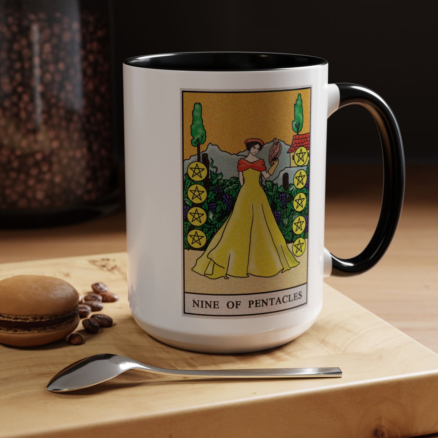 Nine of Pentacles Tarot Card Coffee Mug - Double Sided Black Accent White Ceramic 15oz by TheGlassyLass.com